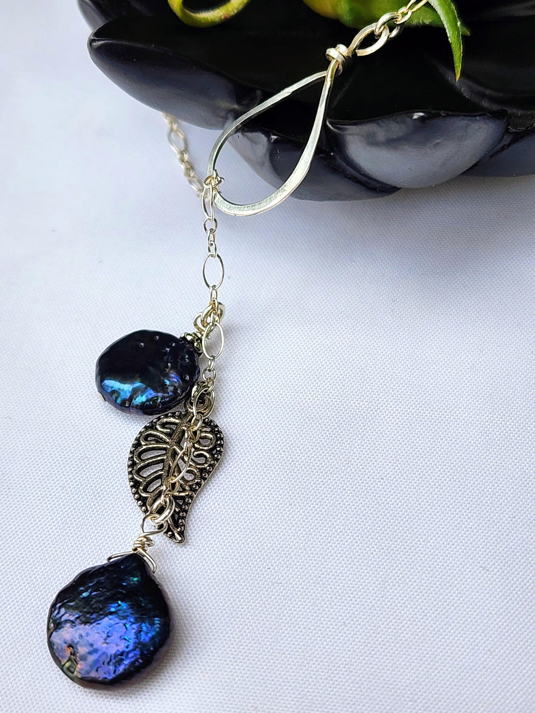 Peacock blue pearl leaf necklace - LB Designs