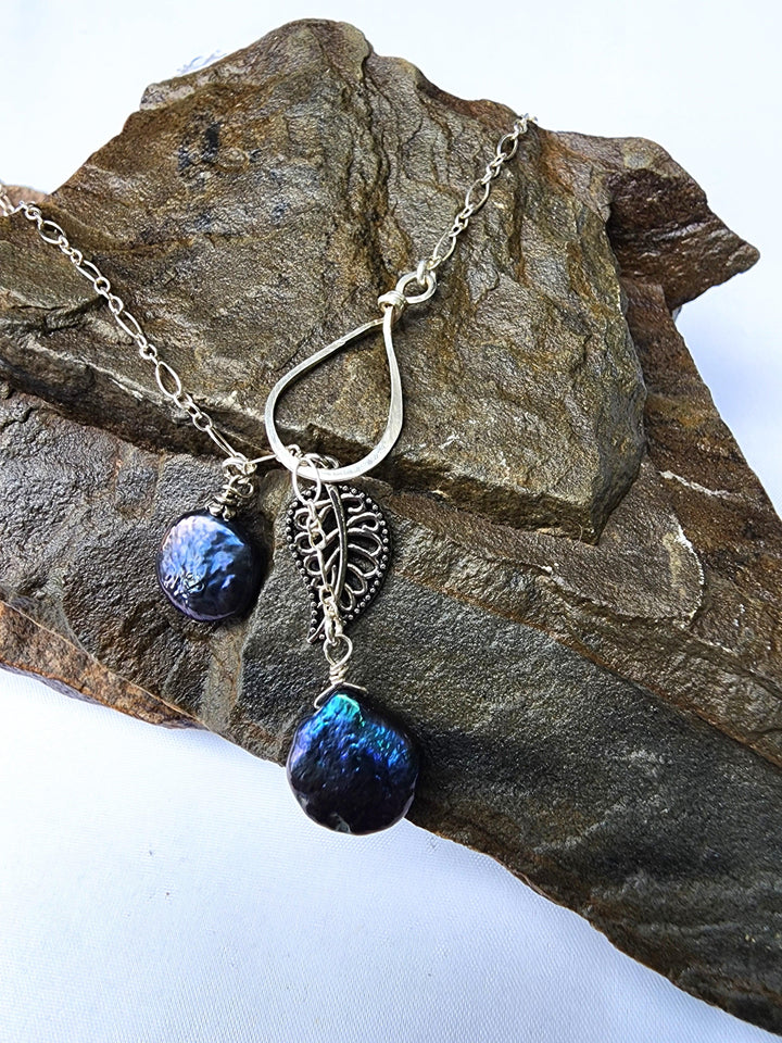 Peacock blue pearl leaf necklace - LB Designs