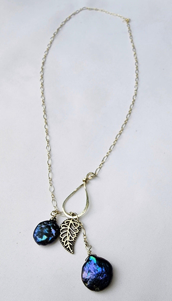 Peacock blue pearl leaf necklace - LB Designs