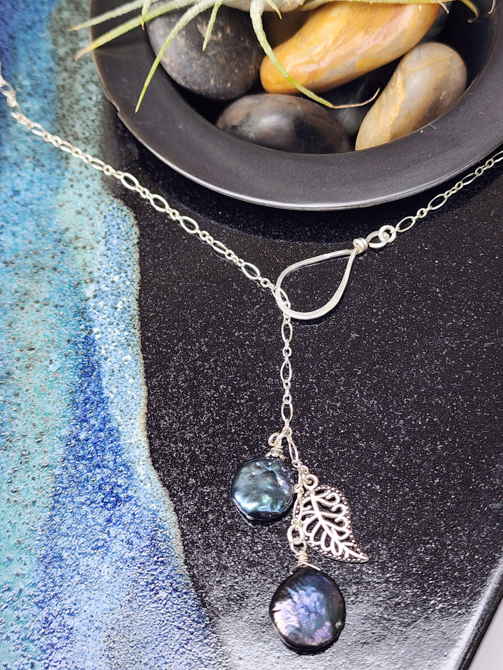 Peacock blue pearl leaf necklace - LB Designs