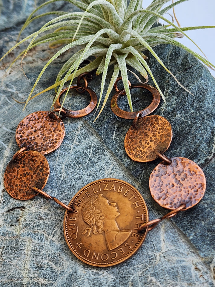 Copper coin &amp; hammered disc bracelet